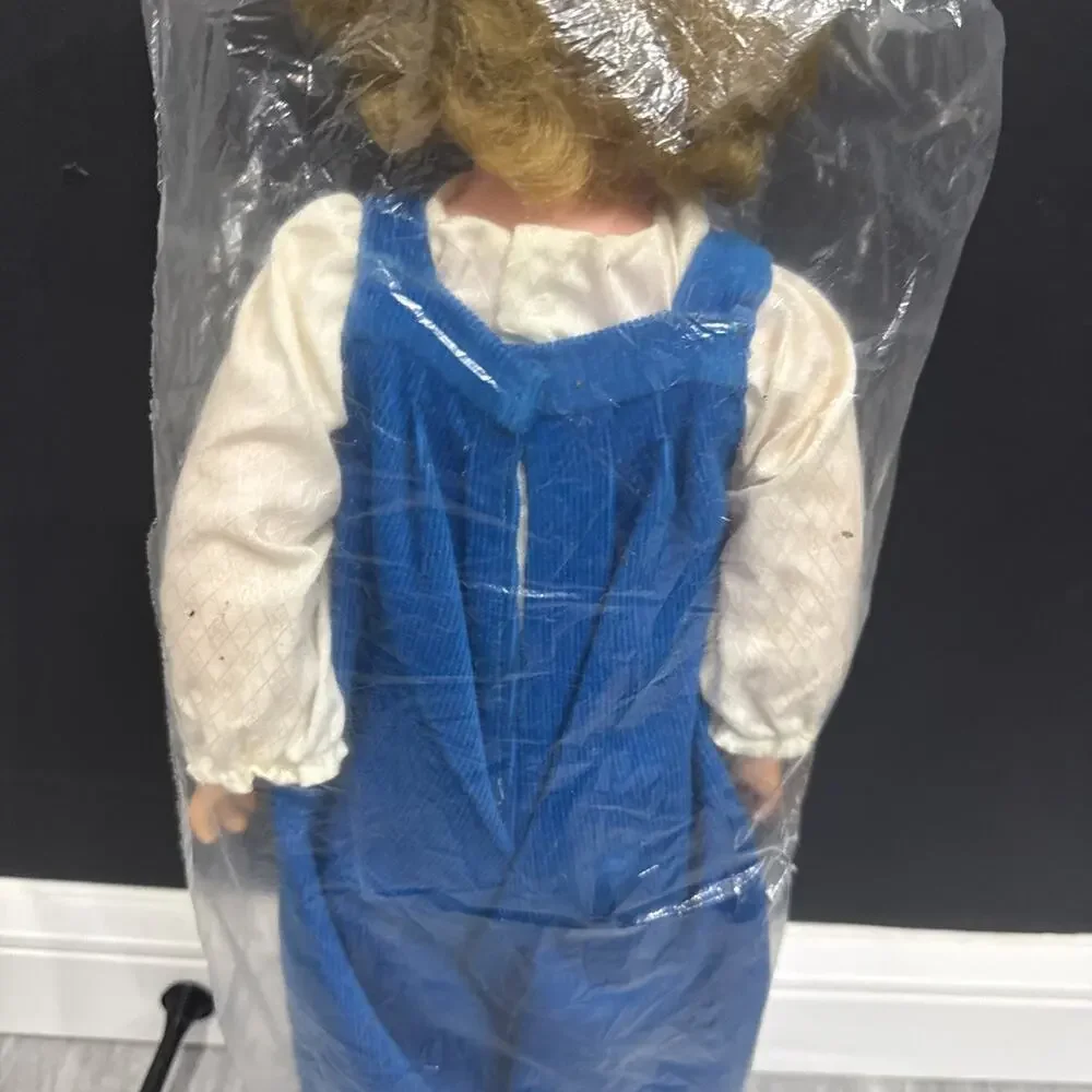 Vintage 19” Hard Plastic Blonde Girl Blue Jumper Overall Outfit *